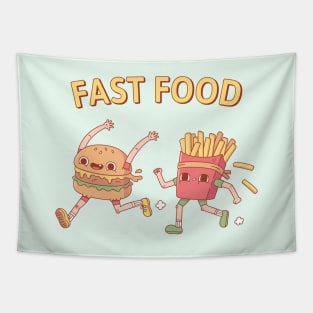 Funny Fast Food Running Burger and Fries Tapestry