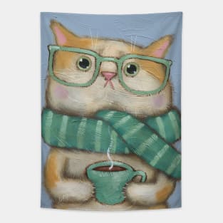 Kitty With A Cup of Coffee Tapestry