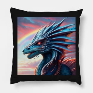 Blue Scaled Dragon at Sunrise Rainbow Pillow