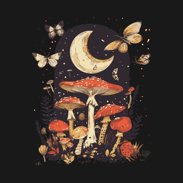 Mushrooms moths moon night by StepInSky