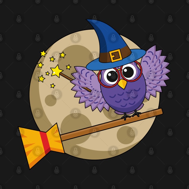 Cartoon Wizard Owl Flying on Broom by BirdAtWork