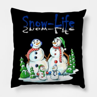 Snowman Family in Christmas Winter Landcape Pillow