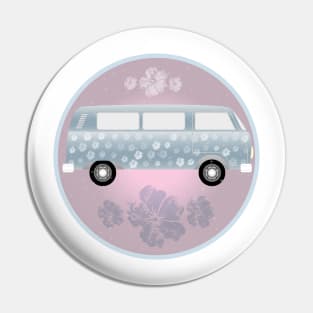 Summer feeling retro van with hibiscus flowers and soap bubbles on light pink circle Pin