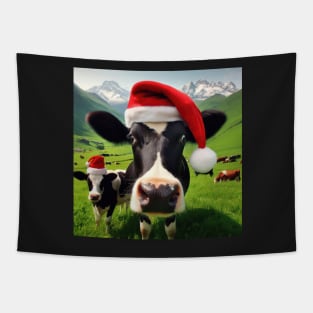 cow in the field wearing santa hat Tapestry