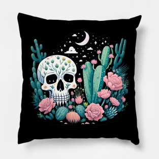 Cactus and Skull with Flowers Starry Night Moon and Stars Pillow