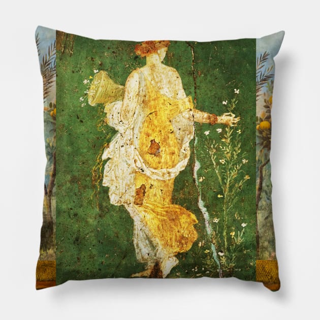 FLORA,POMPEII ,ANTIQUE ROMAN WALL PAINTINGS Flower Garden Flying Birds ,Quince and Apple Trees Pillow by BulganLumini