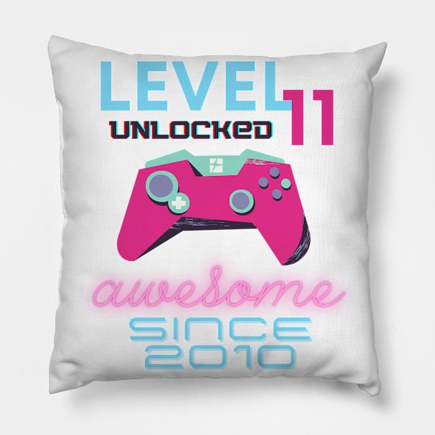 Level 11 Unlocked Awesome 2010 Video Gamer Pillow by Fabled Rags 