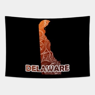 Colorful mandala art map of Delaware with text in brown and orange Tapestry