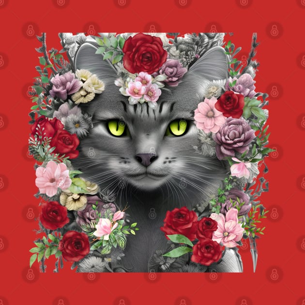 Beautiful Floral Gray Cat by Hypnotic Highs