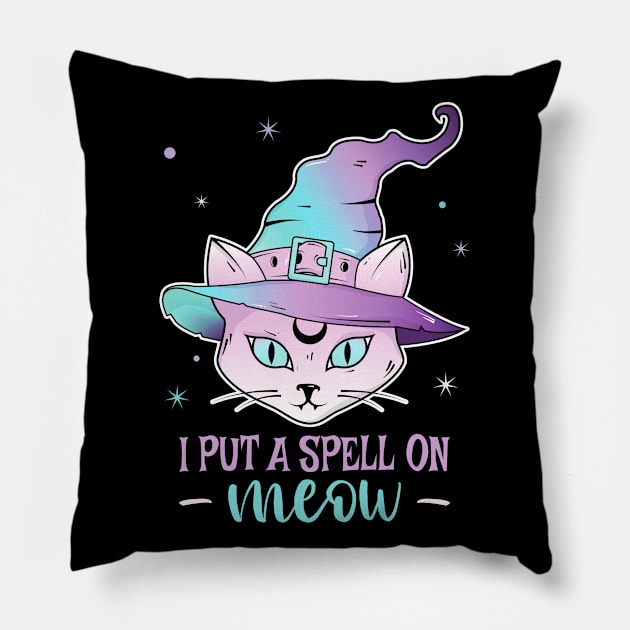 I Put a Spell On You Cat Witch Hat Halloween Witchcraft Magic Gifts Kitty Wicca Pillow by PorcupineTees