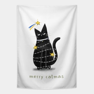 Cartoon black cat in New Year's garlands and the inscription "Merry Catmas". Tapestry