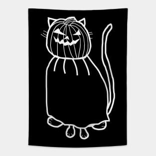 Minimal White Line Cute Cat Wearing Halloween Horror Costume Tapestry