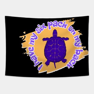 I have my six pack on my back - blue turtle on an orange background Tapestry