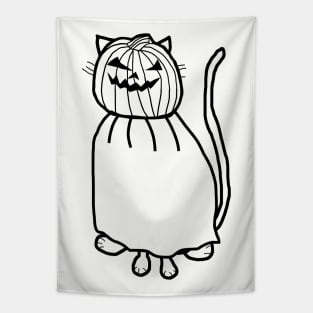 Cute Cat Wearing Halloween Horror Costume Minimal Line Art Tapestry