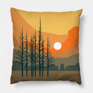 Stunning sunset behind trees in orange bright colors, minimalism style. Pillow