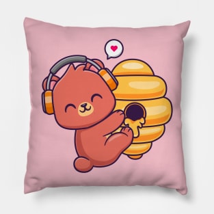 Cute Honey Bear Hug Beehive Honey With Headphone Cartoon Pillow