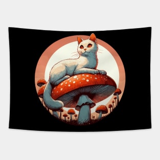 Funny Vintage White Cat in Mushroom Garden Tapestry