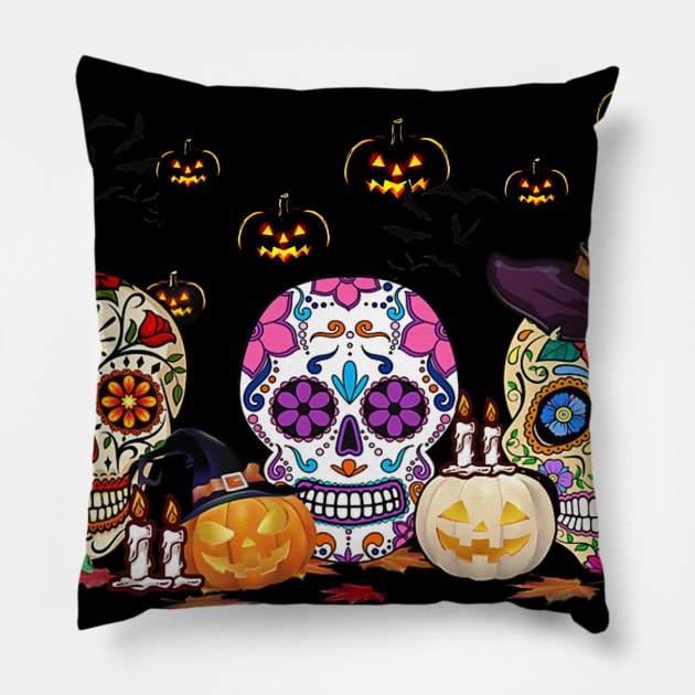 Happy Halloween Pumpkin Sugar Skull Pillow by Phylis Lynn Spencer