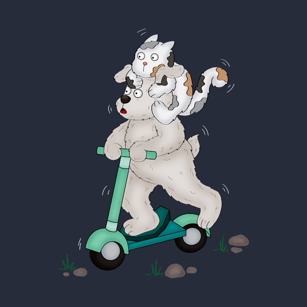 Cat And Dog Ride A Scooter by Athikan