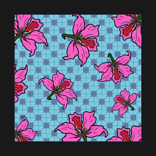 Bauhinia Flower with Turquoise Tile Floor Pattern - Summer Flower Pattern by CRAFTY BITCH