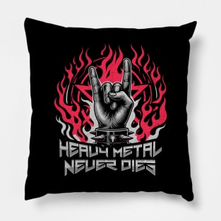 Heavy Metal Never Dies - Flaming Horns Hand Pentagram Rock N' Roll Pillow