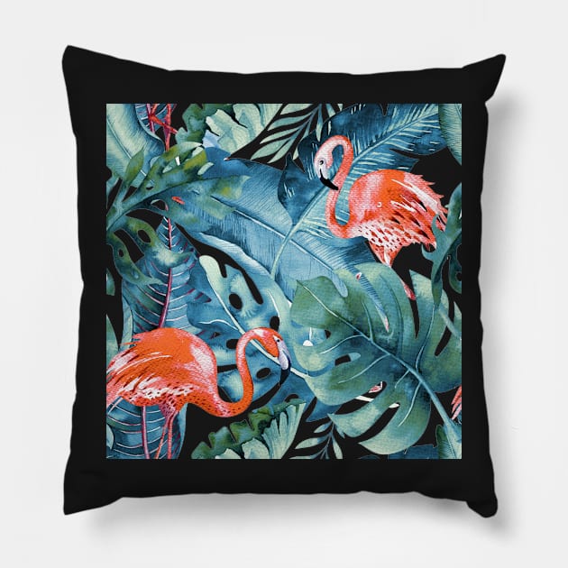 Pink Flamingos Dusty Teal Tropical Foliage Pillow by PixDezines