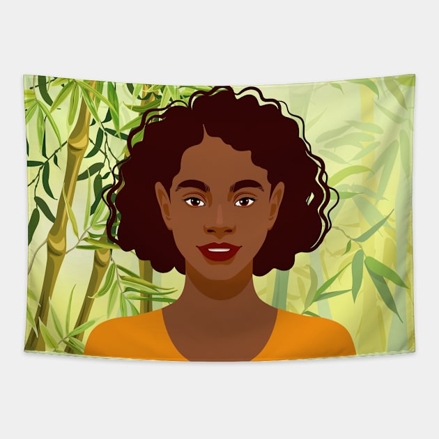 Set of hand drawn young attractive african american women, Landscape of bamboo stems and leaves background. No 2/3 Tapestry by Modern Art