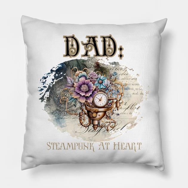 Dad: Steampunk At Heart Vintage Floral Clock - Golden Version Pillow by Té de Chocolate