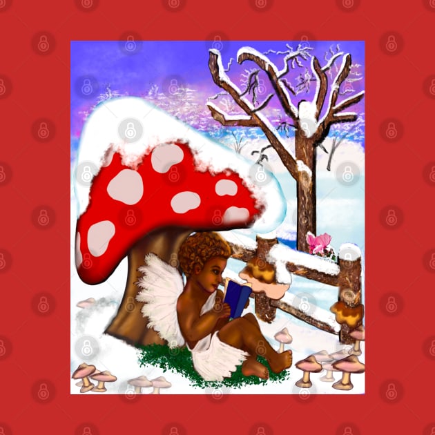 Snow covered mushroom covering Little bookworm angel boy cherub reading a book - tranquil winter scenery by Artonmytee