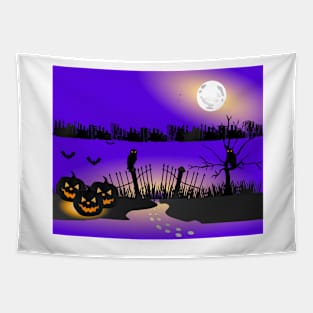 Halloween background with pumpkins, Graves, full moon, and bats stock illustration Tapestry