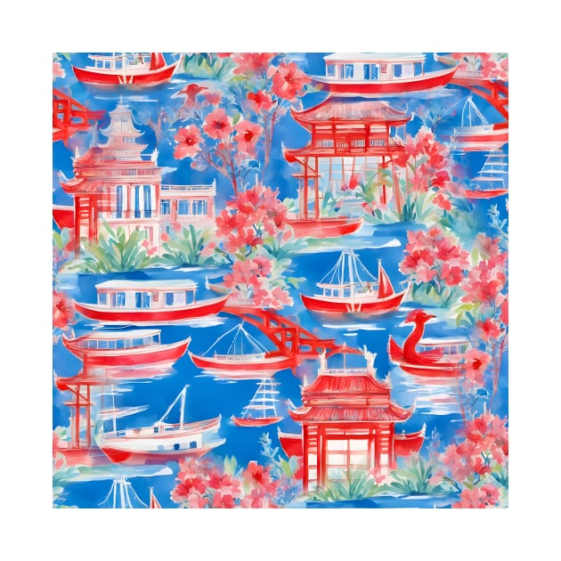 Pagodas, lake and sail boats in blue and red by SophieClimaArt