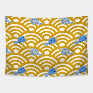 Blue fishes in yellow seigaiha waves Tapestry