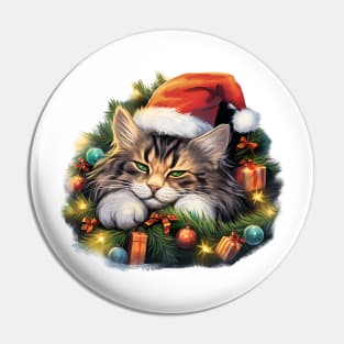 Lazy Norwegian Forest Cat At Christmas Pin