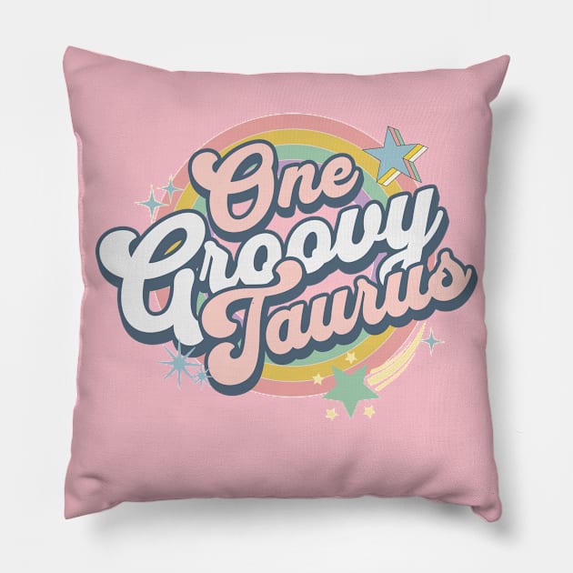 One Groovy Taurus Cute Retro Design in Pastel Colors Pillow by EndlessDoodles