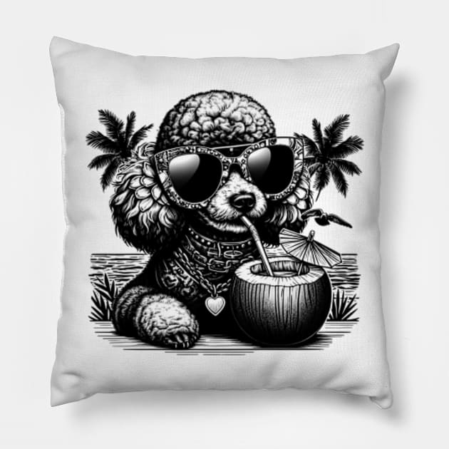 poodle dog wearing sunglasses drinking a coconut drink on a tropical beach Pillow by StyleTops