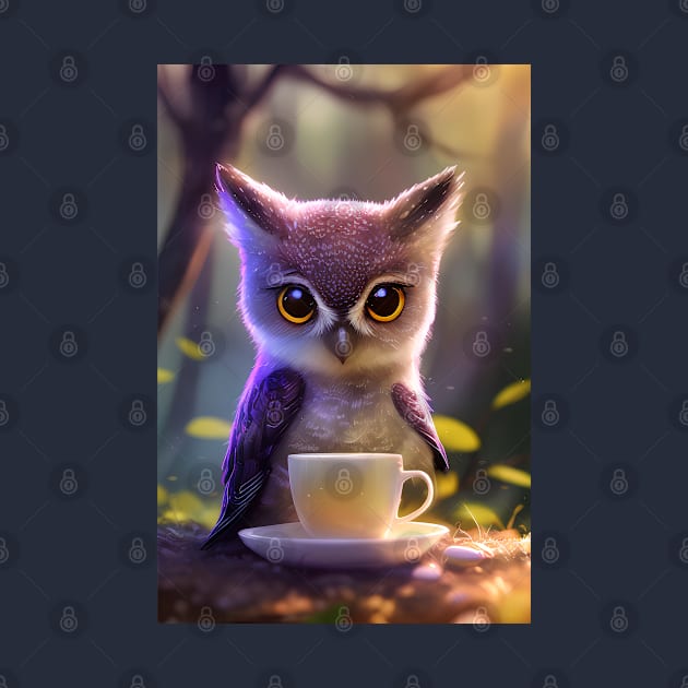 Cute Owl with a mug cup of morning coffee by akwl.design