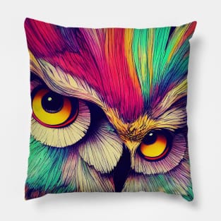 Colorful Abstract Owl Portrait Illustration - Bright Vibrant Colors Bohemian Style Feathers Psychedelic Bird Animal Rainbow Colored Art Pillow