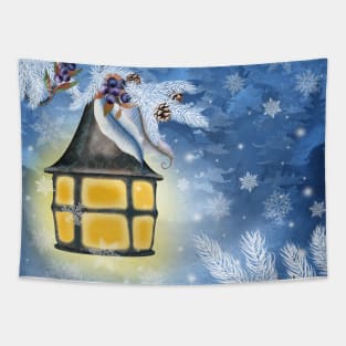 Vintage streetlamp watercolor illustration. Winter fairy background. Christmas fantasy illustration.  Night magic scenery Tapestry