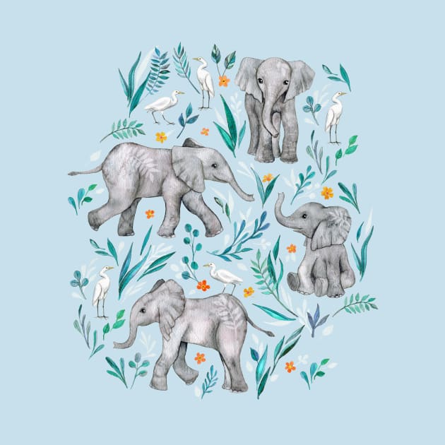 Baby Elephants and Egrets in Watercolor - egg shell blue by micklyn