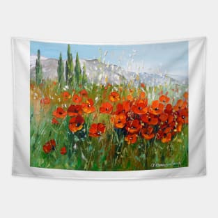 Field of poppies near the mountains Tapestry