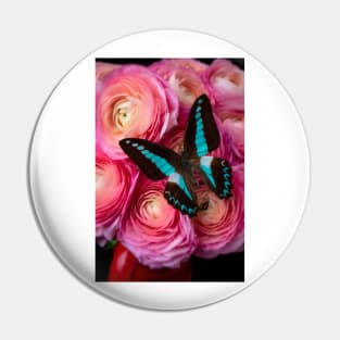 Blue Butterfly On Pink Ranunculus Pin