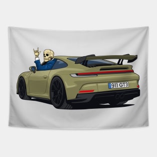 car 911 GT3 skull metal hands dark green Tapestry