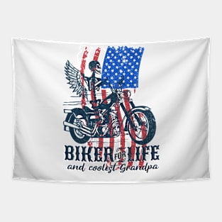 Biker for life and coolest Grandpa | cool grandpa; biker grandpa; grandpa gift; grandpa shirt; grandfather; motorbike rider; biker, American flag; American grandpa Tapestry