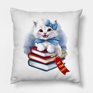 My TBR List Funny Sky Blue Book Stack Cute Coquette Kitten wearing Blue Bow and Ribbon with Red Bookmark for Book Lovers, Book Readers and White Cat Lovers Pillow