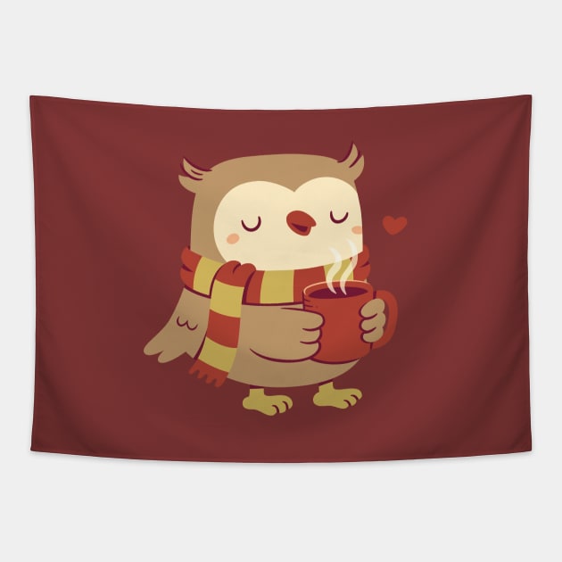 Cute Owl With Hot Cocoa For Cold Days Tapestry by rustydoodle