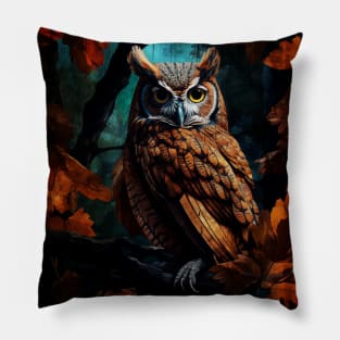 Great Horned Owl In Autumn Pillow