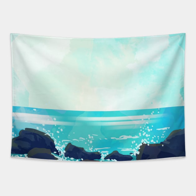 Watercolor rocky shoreline Tapestry by Makanahele