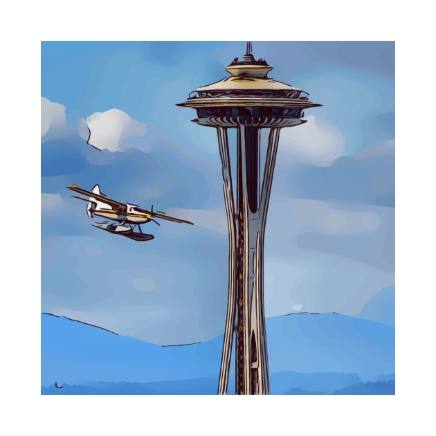 Seaplane landing past the Seattle Space Needle by WelshDesigns