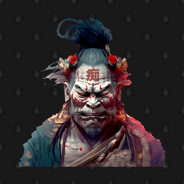 Wrath of a Samurai No. 2: Oni Transformation -- Perturbed Samurai with the word for "Idiot", "Stupid" in kanji (痴 [chī] ) on his forehead on a Dark Background by Puff Sumo