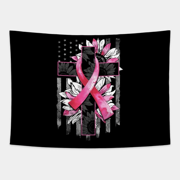 Breast Cancer ribbon with Cross & Flag Tapestry by MonarchGraphics